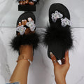 Toe-toe sandals for women 2024summernew arrival round toe real hair butterfly wedge sandals outwear rhinestone plaid flip-flops