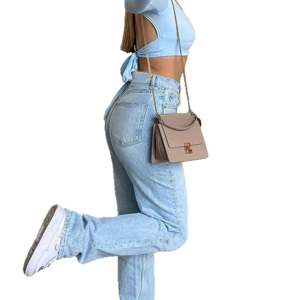 Fashion washed straight-legjeans women's high waistslimming lookloosedraped wide-leg mop pantseasiest for matchcasualpants