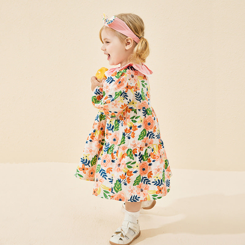 Baby long-sleeve dress, autumn  children's wear, nature print, girls' pink princess dress with bow