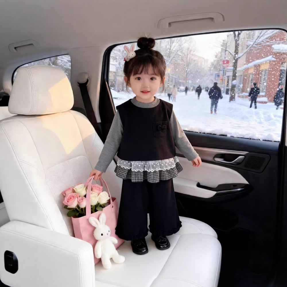 【dropshipping】spring  new girls' outfit set: baby lace-trimmed skirt, tank top, and long pants three-piece set