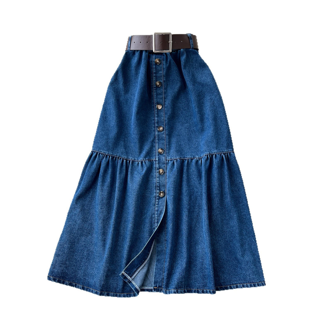 K-style single-breasted denim slit skirt women's summerhigh waista-line skirt medium long patchworkslimming lookwork clothing skirt