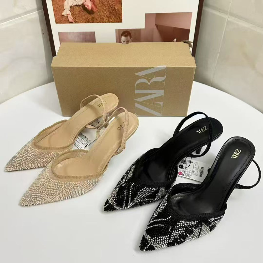 Za2025summer new rhinestone bright mesh high heels stiletto eleganceelegant women's shoes open heel pointed toe sandals
