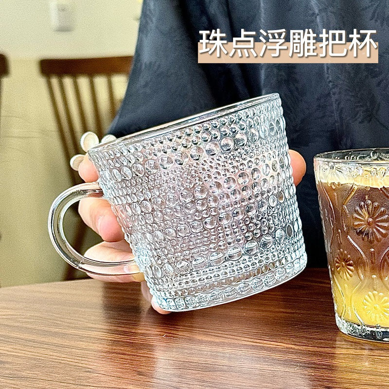 Ins glass cup with handle for home breakfast cup popular embossed water cup good-looking coffee cup souvenir cup