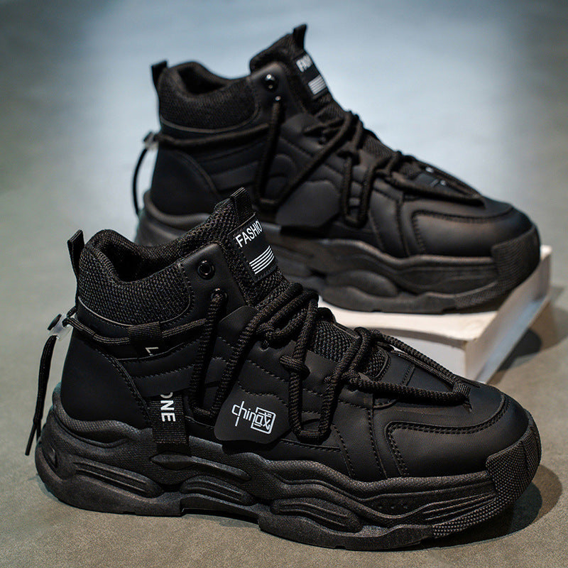 High-top men's winter sneakers 2025: new trendy, niche, original design, athletic & casual, chunky sole, height-increasing, leather upper, dad shoes