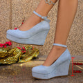 Exportplus sizespring & fallnew arrival wedge flats women's waterproof platform fashion round toe super high heel one-word buckle flatsflats