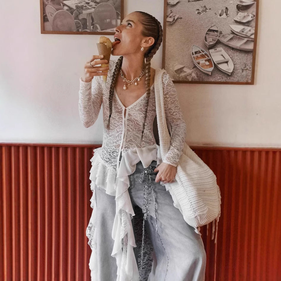 Cross-border French Bohemian Lace Cardigan Top Women's 2025 Summer Design V-Neck Long Sleeve Women's Shirt