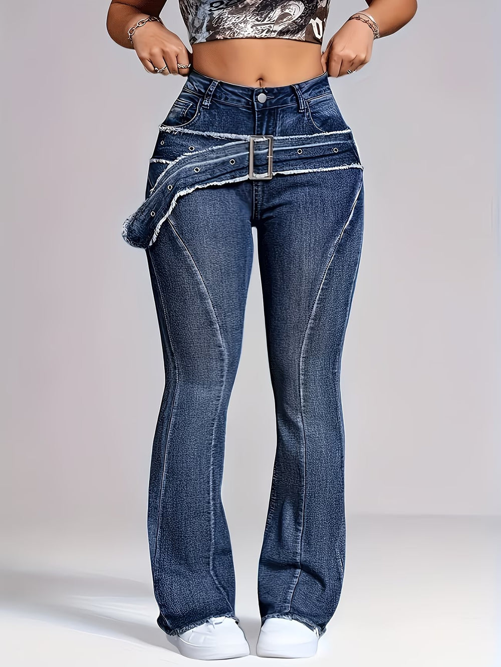 Jeans women's cross-border high waist belt raw edge patchwork micro-flared pants washed silmlong denim summer thin style