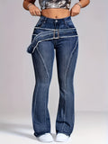 Jeans women's cross-border high waist belt raw edge patchwork micro-flared pants washed silmlong denim summer thin style