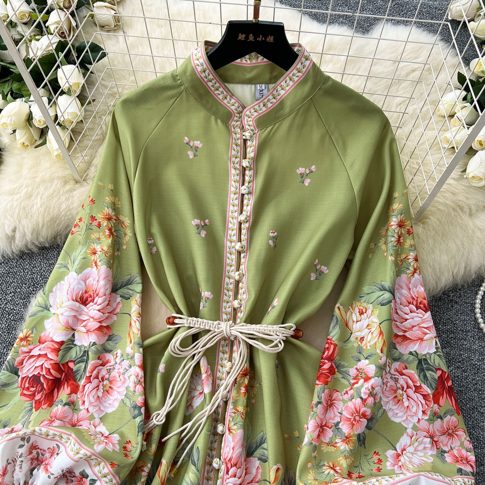 High-end elegancedress women's autumn clothing fashionretro palace stand collar lantern sleeve printing waist slimming look a-line skirt