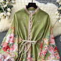 High-end elegancedress women's autumn clothing fashionretro palace stand collar lantern sleeve printing waist slimming look a-line skirt