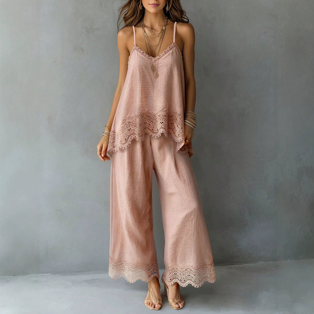 fashion  summer new light pink lace suspender suit looseloose pants vacation style two-piece set