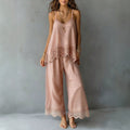 fashion  summer new light pink lace suspender suit looseloose pants vacation style two-piece set