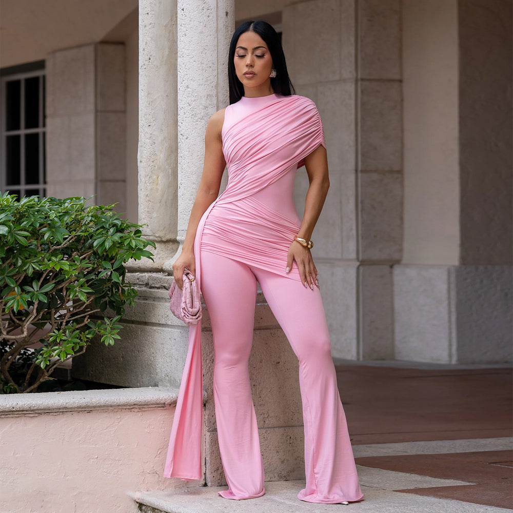 C7700 cross-border   fashion women's elegant bodycon jumpsuit with ruffled detail