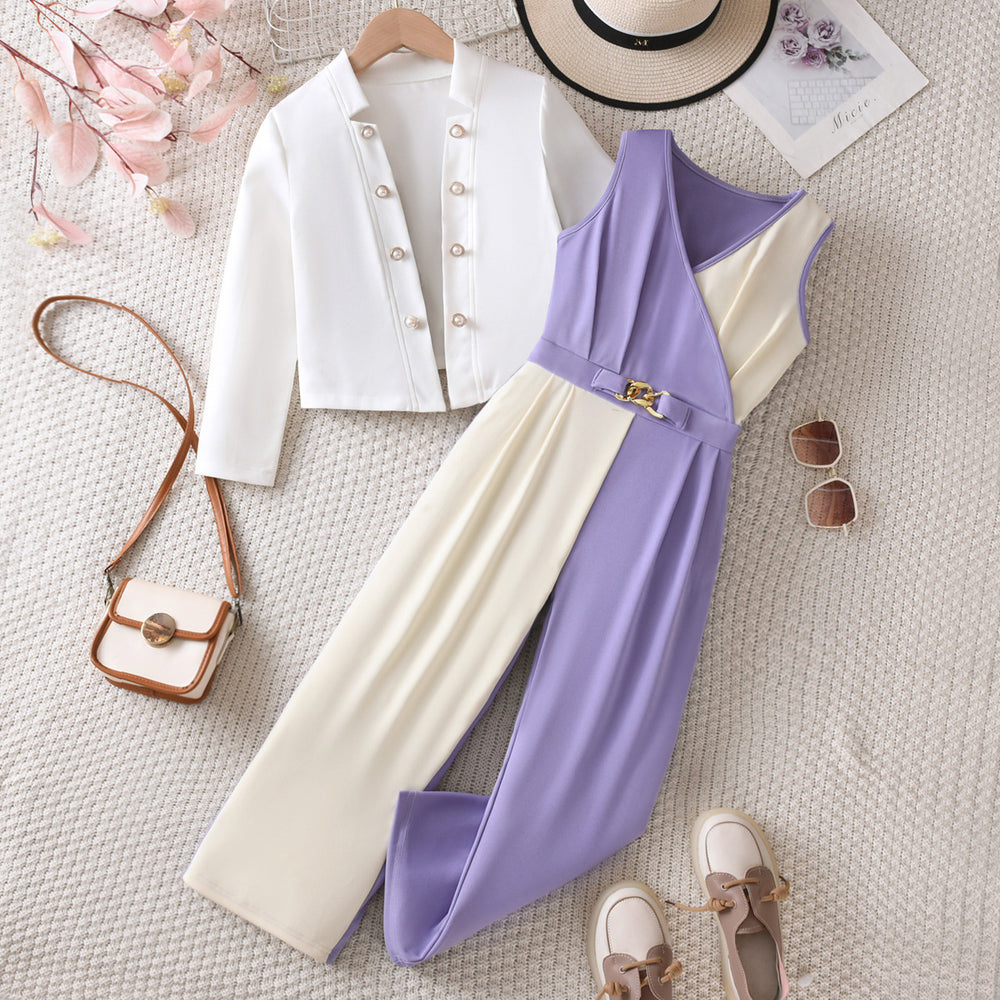 Girls' autumn outfit: white long-sleeve jacket & purple color-blocked vest romper set (two-piece)