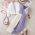 Girls' autumn outfit: white long-sleeve jacket & purple color-blocked vest romper set (two-piece)