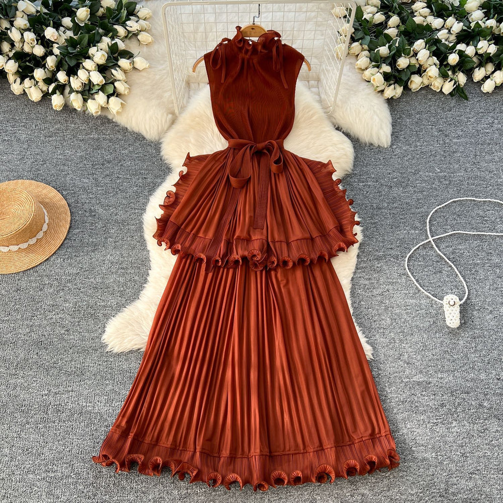 European and american light luxury sleeveless dress - women's summer ruffle hem, cinched waist, elegant, unique, exquisite maxi dress