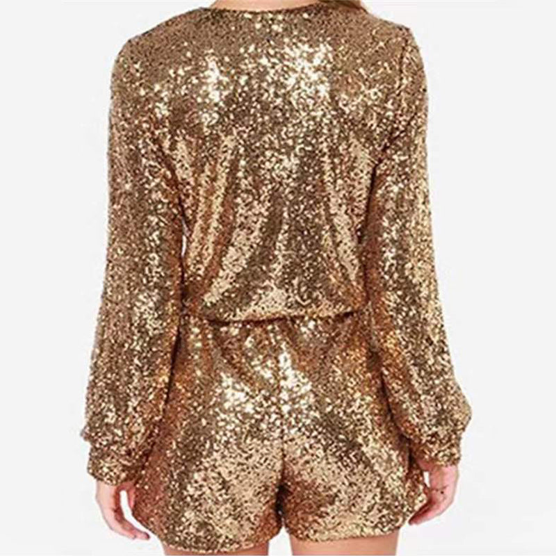 2025 new european and american cross-border women's deep v waist-cinching long sleeve bodycon sexy fashion sequin jumpsuit
