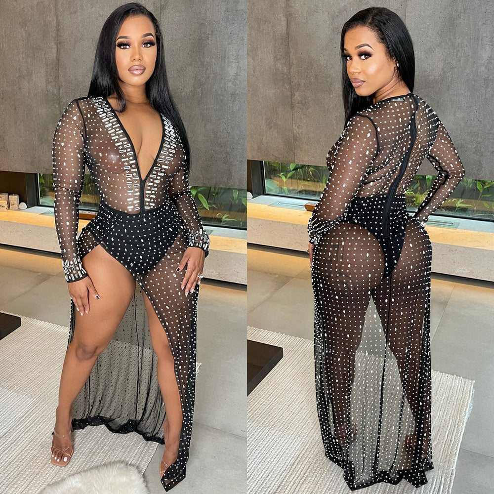 C5729   fashion women's nightclub rhinestone deep v long sleeve slit maxi dress
