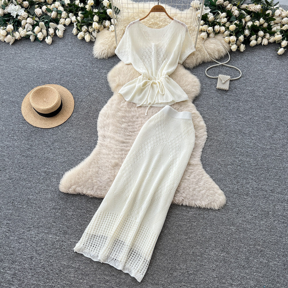 Korean style commute-inspired hollow knit minimalist two-piece set for women - summer v-neck, waist-defining, slimming outfit