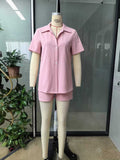 Summer tk european and american cross-border solid color shirt and shorts set - loose fit casual two-piece wholesale