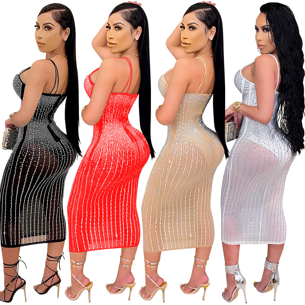 X3805 cross-border new arrival: european and american fashion women's party nightclub mesh see-through rhinestone embellished strappy dress