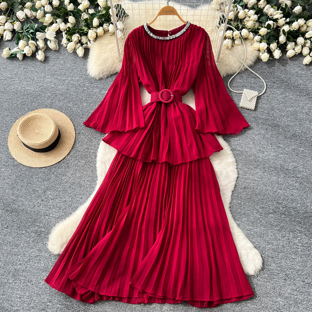 Heavy industry diamond-encrusted bell sleeves pleated sequindress women's red waist slimming look a-line large skirt qianjin style