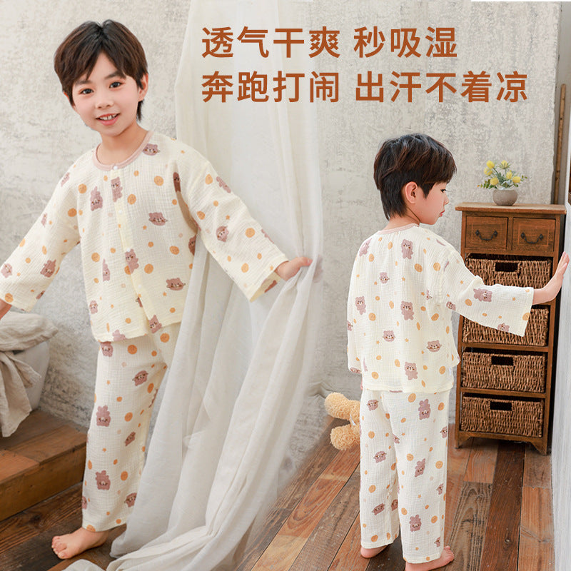 kids' cropped lounge set - boys & girls double-layer cotton gauze pajama set with baby lace trim and cartoon print