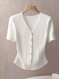 european and american cross-border e-commerce new v-neck knitted short-sleeve shirt solid color loose-fit base layer summer top