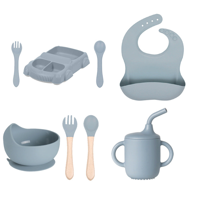 Factory new product baby silicone dinner plate large suction cup tableware set 8-piece set cartoon children's car silicone dinner plate
