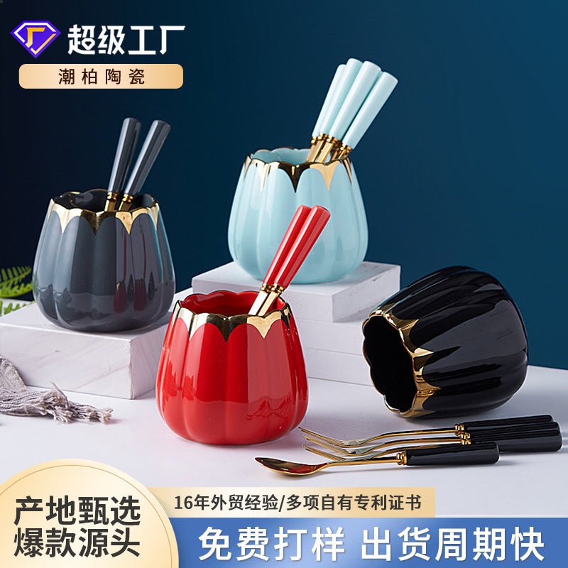 Nordic fruit fork spoon mooncake knife and fork creative household stainless steel fruit pick coffee spoon ceramic storage jar suit