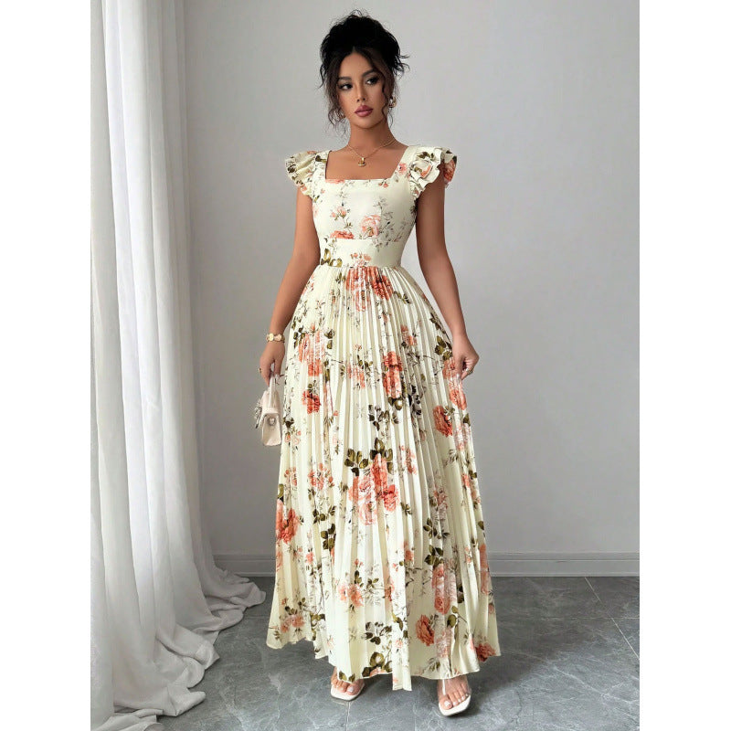 Women's rose print flutter sleeve pleated midi dress - casual & elegant spring/summer outfit for vacation