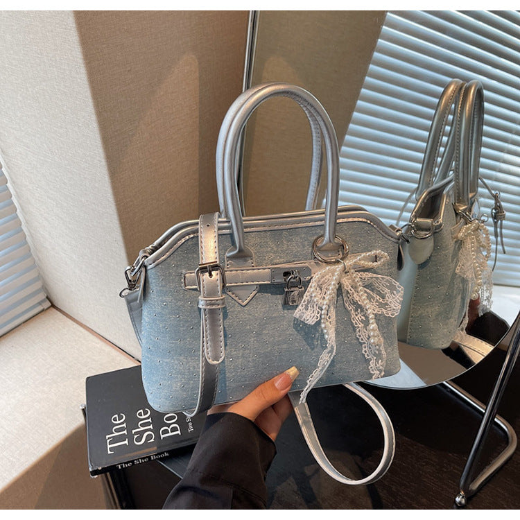 Cross-border denim bag women's summer 2025 new fashion niche messenger bag Korean version high-end platinum Kelly bag