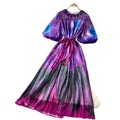 Frenchromantic style puff sleeve tie-dye dress women's summer k-style strappy waist a-line draped long skirt classy sense