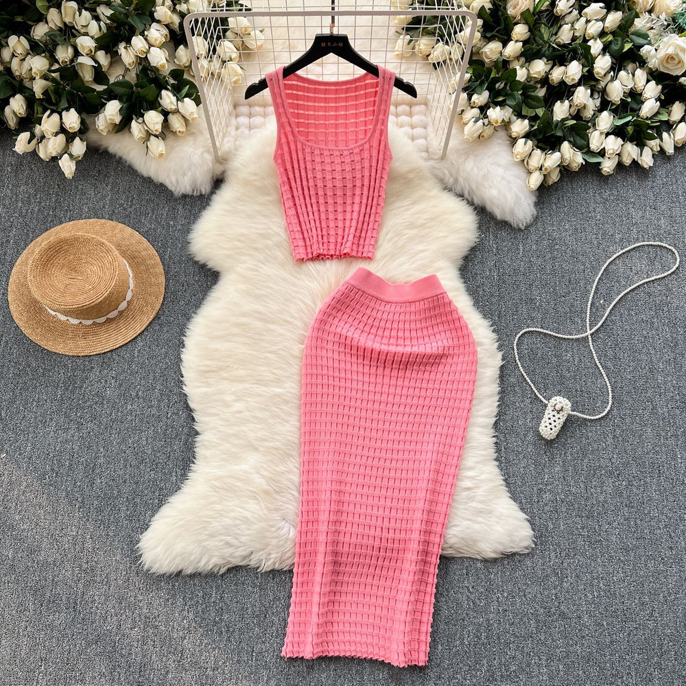 Hong kong style retro hot girl outfit - women's summer cropped tank top & high-waisted midi skirt knit two-piece set