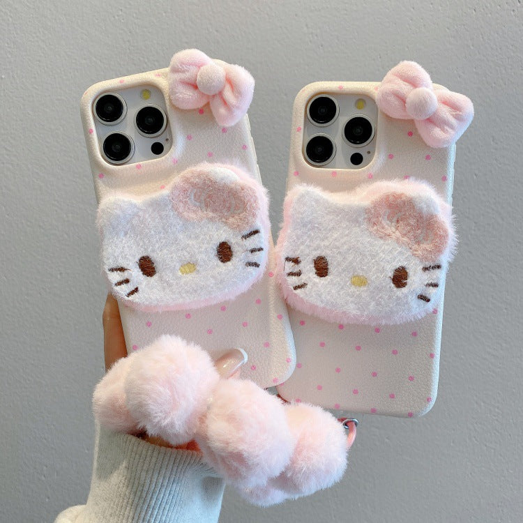 Leather texture apple 16 pro polka dot plush kt phone case iphone 13/15 anti-fall soft shell protective cover