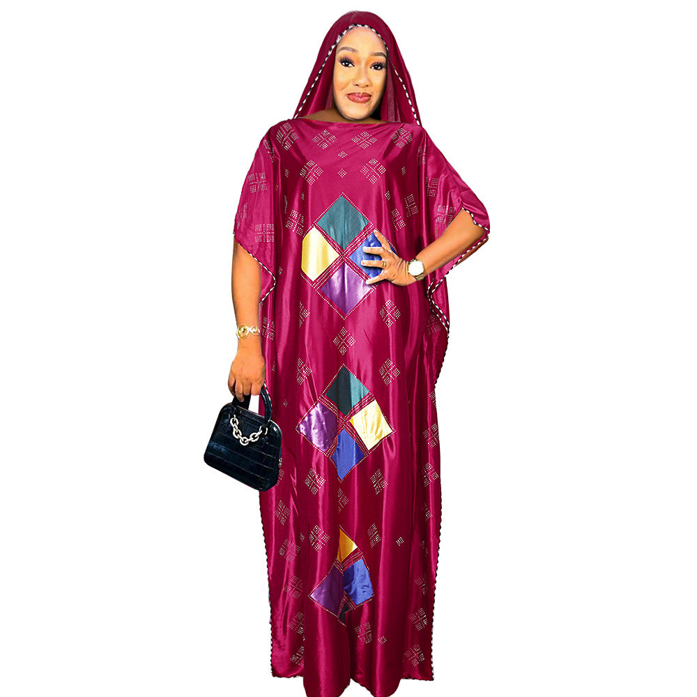 Plus size african robe dress with rhinestone embellishments and headscarf - cross-border supply for