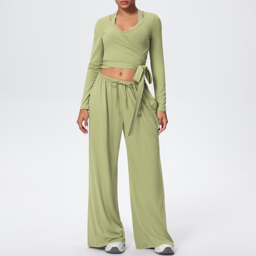 New brushed fleece quick-dry yoga outfit set - three-piece activewear with drawstring and tie details for sports, outdoor training, running, and fitness