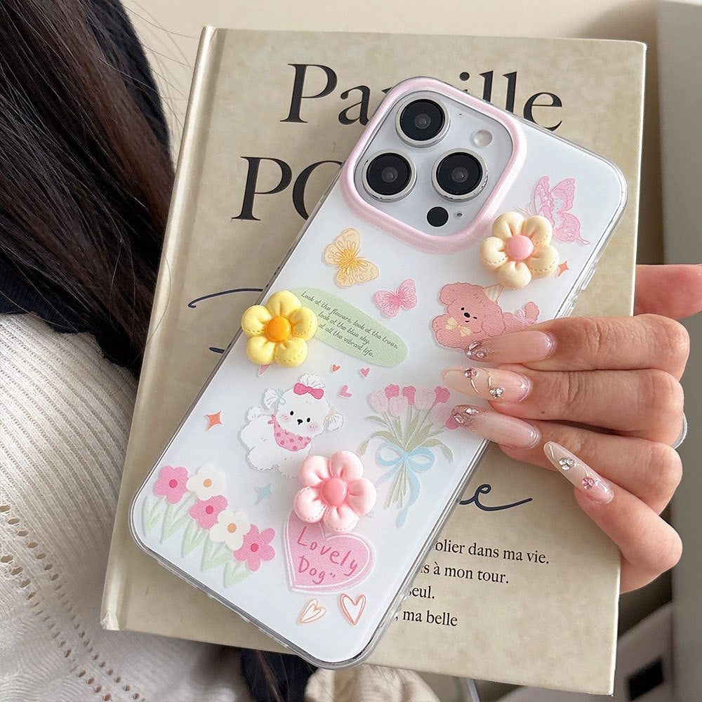 Suitable for iphone16 stereo cream rubber flower mobile phone case apple 17promax cute puppy anti-fall hard case