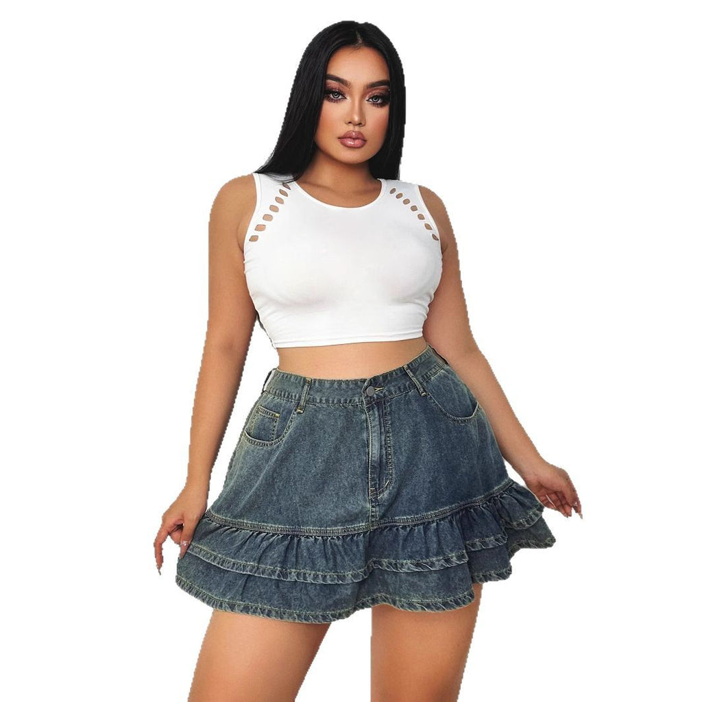 Cross-border ruffle edge a-word high-waisted denim skirt women's summer 2025 new Spice Girl fashion hip skirt