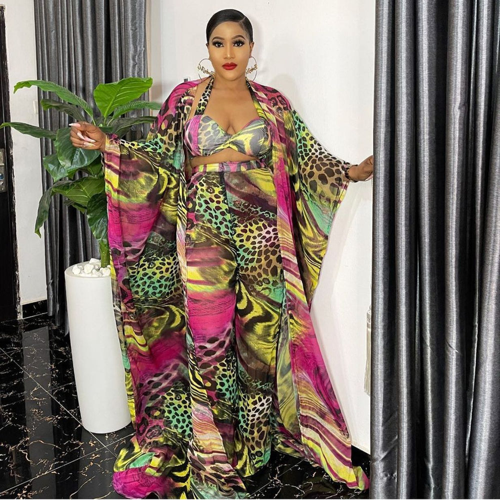 Special offer fashion digital printing loose robe with loosepants including bra and headscarf 4-piece set for african women