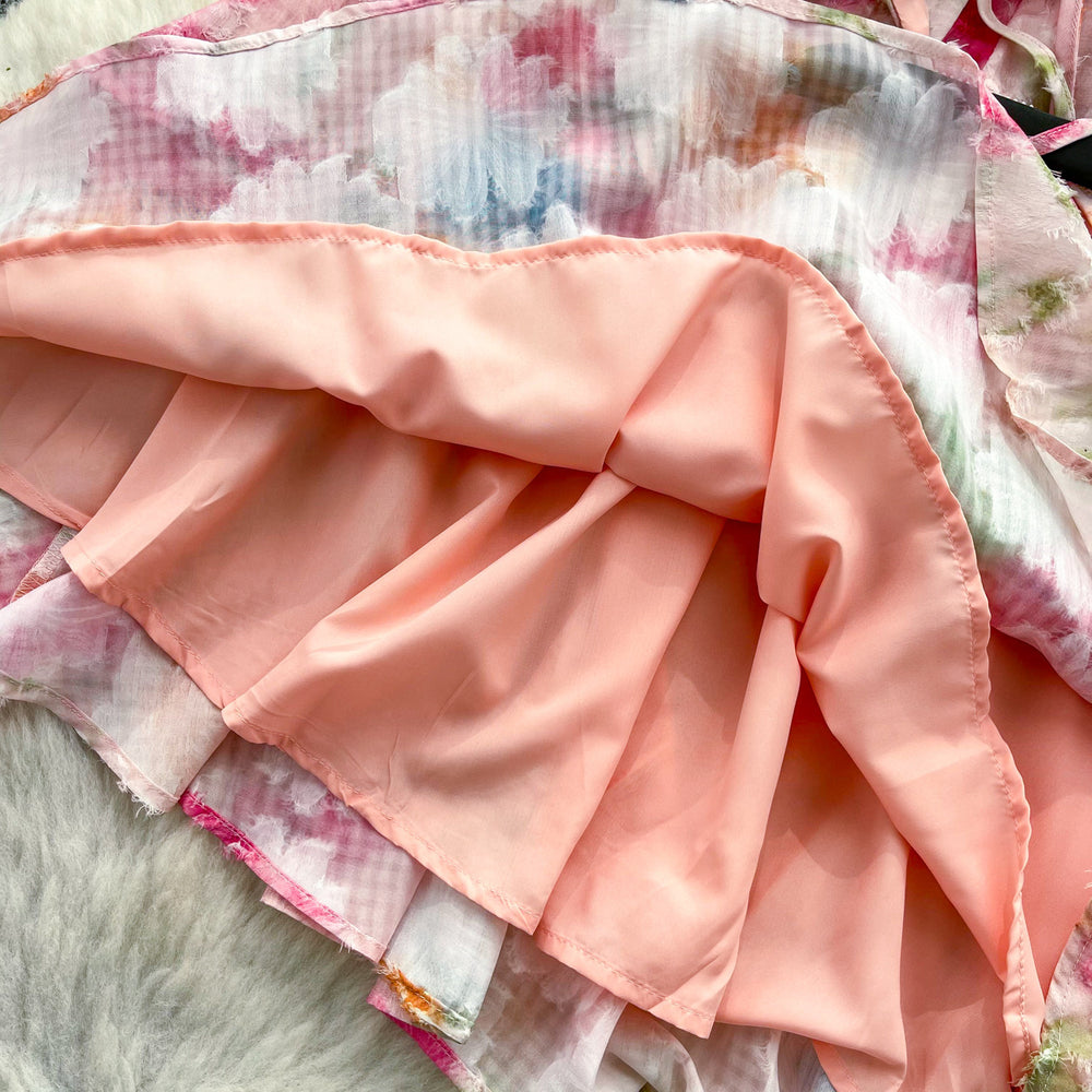 Vacation style halter neck floral, hot girl style dress for women summer dopamine a-line skirt gentle skirt pink sweet style