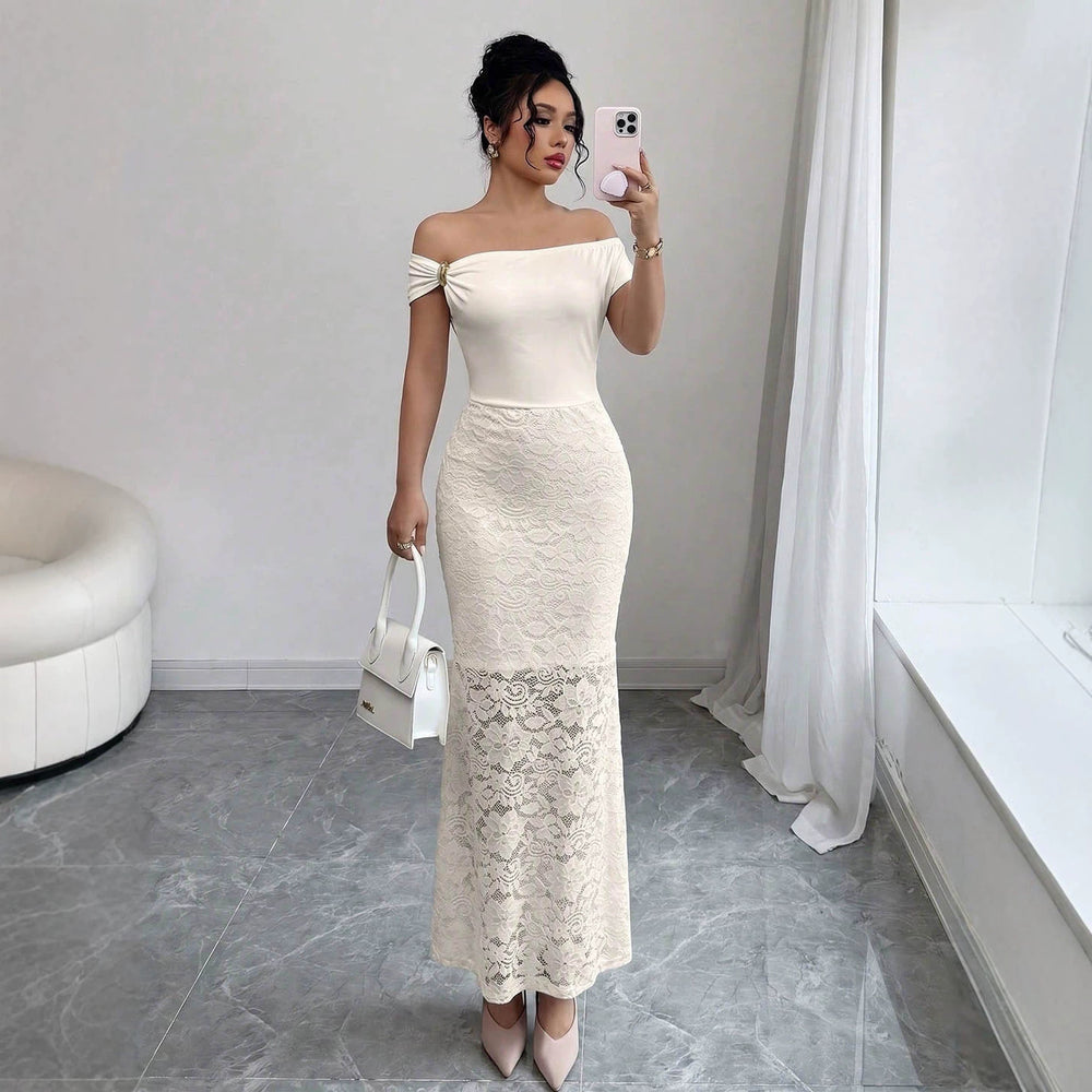 Export light mature style lace dress metal buckle off-shoulder topspatchwork full body pattern lace silm fishtail long