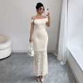 Export light mature style lace dress metal buckle off-shoulder topspatchwork full body pattern lace silm fishtail long
