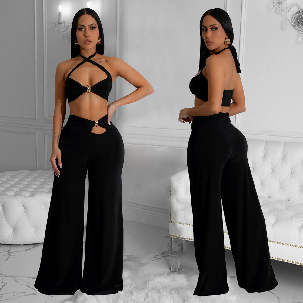 C7236 cross-border   fashion women's solid color sexy bandeau top and pants two-piece set - new arrival