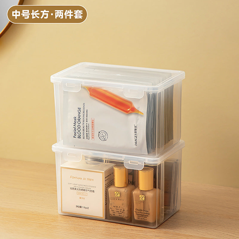 Long makeup brush, mask storage box, transparent rectangular box with lid, covered dresser, skin care product storage box.