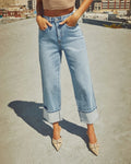 European and american stretch jeans for women,  new arrival, hot selling fashionable streetwear style, rolled hem straight leg washed denim jeans