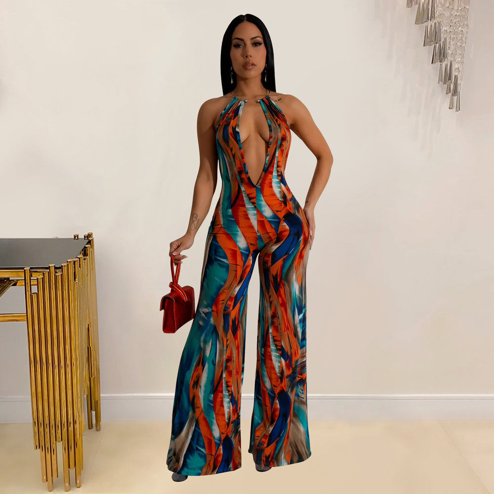C6930 cross-border   fashion women's printed sleeveless deep v color block backless long jumpsuit