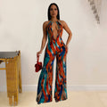 C6930 cross-border   fashion women's printed sleeveless deep v color block backless long jumpsuit