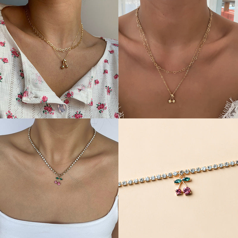 Wholesale autumn/winter necklaces: european and american style cute cherry alloy rhinestone pendant, versatile high-end gold-plated women's choker necklace