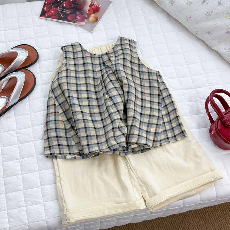 [summer clothing big sale free shipping] girls vest suit  plaid new children's doll summer style tops